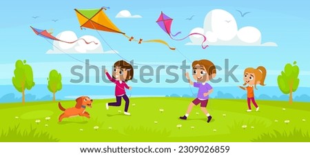 Cute little kids and a dog playing with kites in a park. Children holding kite strings in their hands, running and flying them in the sky. Summer outdoor activities. Cartoon vector illustration