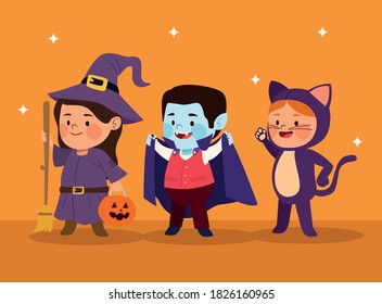 cute little kids dressed as a cat and witch with dracula characters vector illustration design