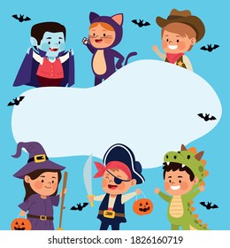 cute little kids dressed as a differents characters and bats vector illustration design