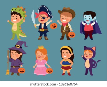 cute little kids dressed as a differents characters vector illustration design