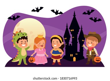 cute little kids dressed as a differents characters with bats in castle night scene vector illustration
