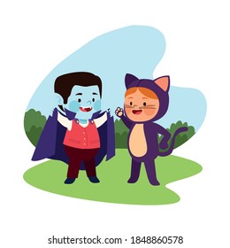 cute little kids dressed as a dracula and cat vector illustration design