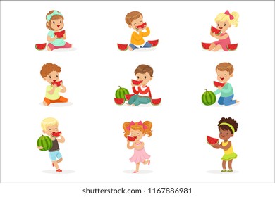 Cute little kids eating watermelon. Healthy eating, snack for children. Cartoon detailed colorful Illustrations