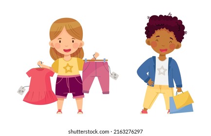 Cute Little Kids In Fashionable Outfit Choosing And Buying Clothes Set Cartoon Vector Illustration