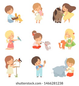 Cute Little Kids Feeding Animals Set, Adorable Boys and Girls Caring for Wild and Pets Cartoon Vector Illustration