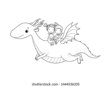 cute little kids are flying a dragon. Cartoon brother, sister and dinosaur.