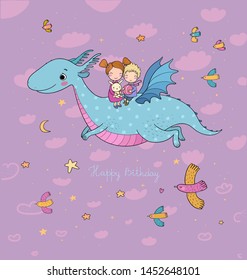 cute little kids are flying a dragon. Cartoon brother, sister and dinosaur.