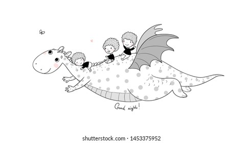 Cute little kids are flying a dragon. Funny dinosaur and boy