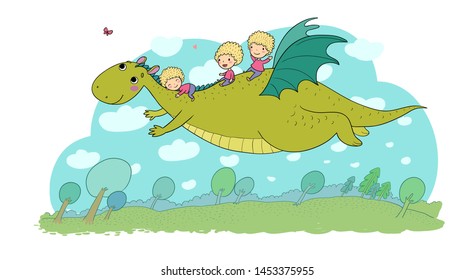 Cute little kids are flying a dragon. Funny dinosaur and boy