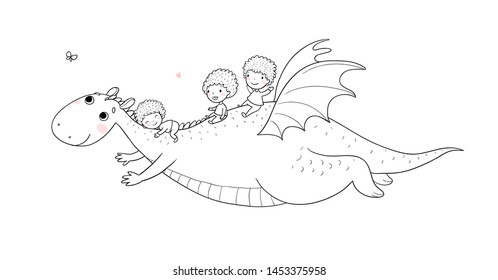 Cute little kids are flying a dragon. Funny dinosaur and boy