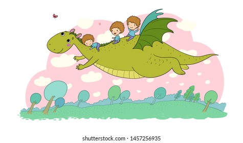 Cute little kids are flying a dragon. Funny dinosaur and boy 