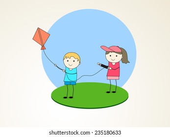 Cute little kids flying kite on nature background.