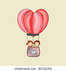 Cute little kids flying in stylish hot air balloon in heart shape.