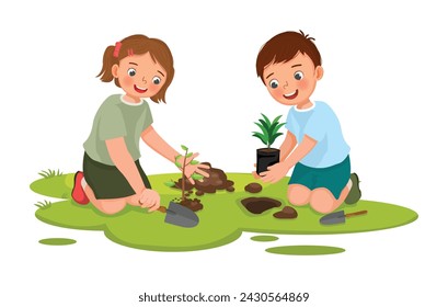 Cute little kids gardening digging planting tree together