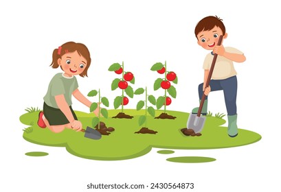 Cute little kids gardening digging planting tomatoes together