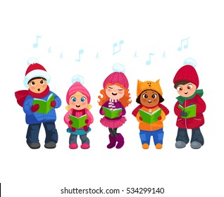 Cute little kids going Christmas caroling flat vector illustration