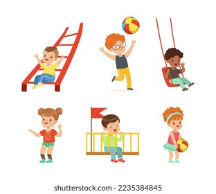 Cute Little Kids Having Fun Playing at Playground Enjoying Outdoor Activity Vector Set
