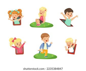 Cute Little Kids Having Fun Playing at Playground Enjoying Outdoor Activity Vector Set