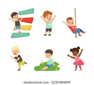 Cute Little Kids Having Fun Playing at Playground Enjoying Outdoor Activity Vector Set