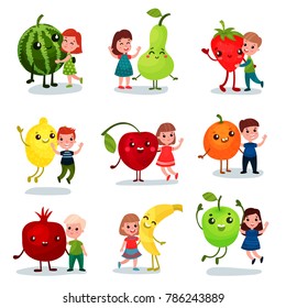 Cute little kids having fun and hugging giant fruits, best friends, healthy food for children cartoon vector Illustrations