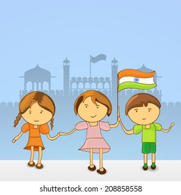 Cute little kids holding hands together on red fort silhouetted background for 15th of August, Indian Independence Day celebrations. 	