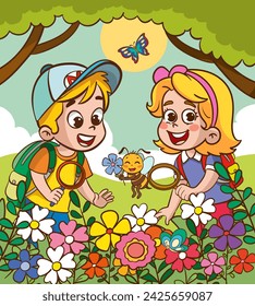 Cute little kids holding magnifying glass looking at plants and insects