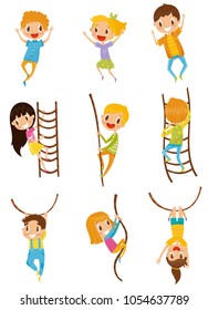Cute little kids jumping, climbing and swinging with rope obstacles set, vector Illustrations on a white background