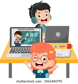 Cute Little Kids Learning With Computer Laptop For Online Education Course Of School. Child Happy Smile Using Internet Technology For E-learning. Teacher Teach Online. Vector Illustration.