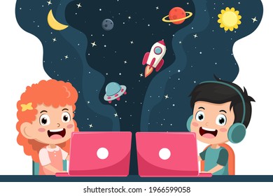 Cute little kids learning with computer laptop for Online education. child happy smile using internet technology for e-learning course of school. Imagination concept of kid. vector illustration.