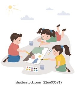 Cute little kids lies on grass and draws landscape with paints. Happy children in nature having fun. Caucasian students artist paints with watercolors. Education, art, teamwork. vector illustration