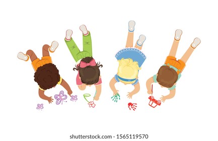 Cute Little Kids Lying on the Floor Drawing Pictures Vector Illustration