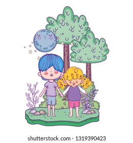 cute little kids with moon kawaii in the landscape