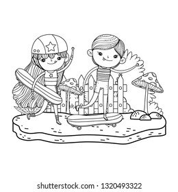 cute little kids mounted in skateboard in the landscape