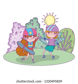 cute little kids mounted in skateboard in the landscape