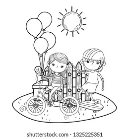 cute little kids mounted in skateboard and bicycle