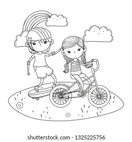 cute little kids mounted in skateboard and bicycle