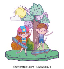 cute little kids mounted in skateboard in the landscape