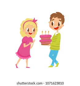 Cute little kids at party, boy holding birthday cake cartoon vector Illustration on a white background