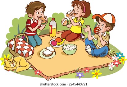 cute little kids picnic together cartoon vector illustration