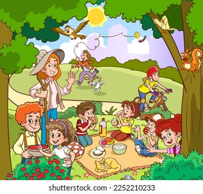 cute little kids picnic together cartoon vector 