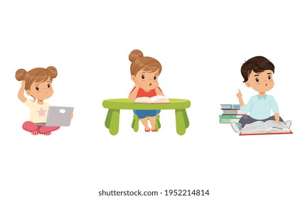 Cute Little Kids with Pile of Books Studying and Learning Gaining Knowledge Vector Set