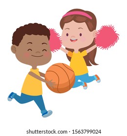 cute little kids playing basketball and cheerleader characters vector illustration design