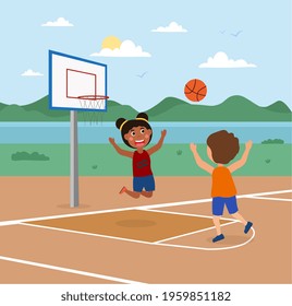 Cute Little Kids Are Playing Basketball On A Court Outdoors Together. Smiling Children Enjoing The Ball Game On Summer Day. Concept Of Outdoor Activity For Children. Flat Cartoon Vector Illustration