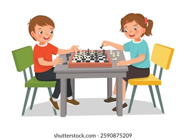 Cute little kids playing chess board game sitting on the table