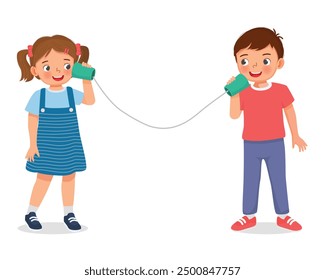 cute little kids playing handcrafted wired string telephone talking to each others
