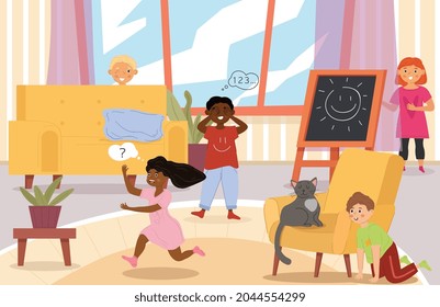 Cute Little Kids Are Playing Hide And Seek Together In Living Room. Playing Game With Friends At Home. Girls And Boys Hiding Under Table, In Wardrobe, Behind Armchair. Flat Cartoon Vector Illustration