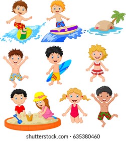 Cute Little Kids Playing On Beach Stock Vector (Royalty Free) 635380460 ...