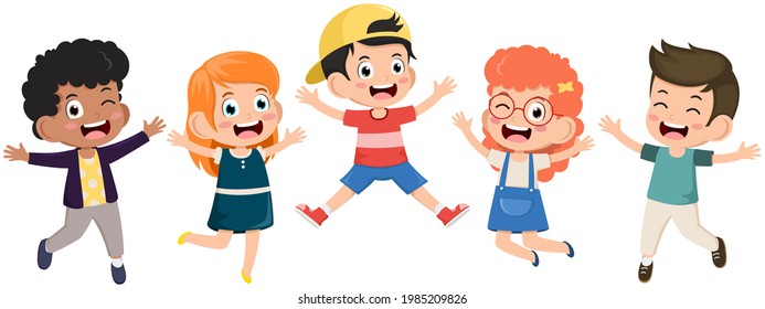 Cute little kids Playing Outside. Boys and girls are fun playing together happily jump. Kids Play at the grass. Concept is fun and vibrant moments of childhood. Vector illustrations.