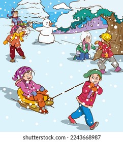 cute little kids playing in the snow in winter and making a snowman cartoon vector