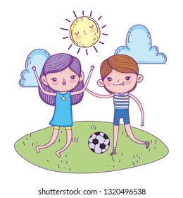 cute little kids playing soccer in the landscape